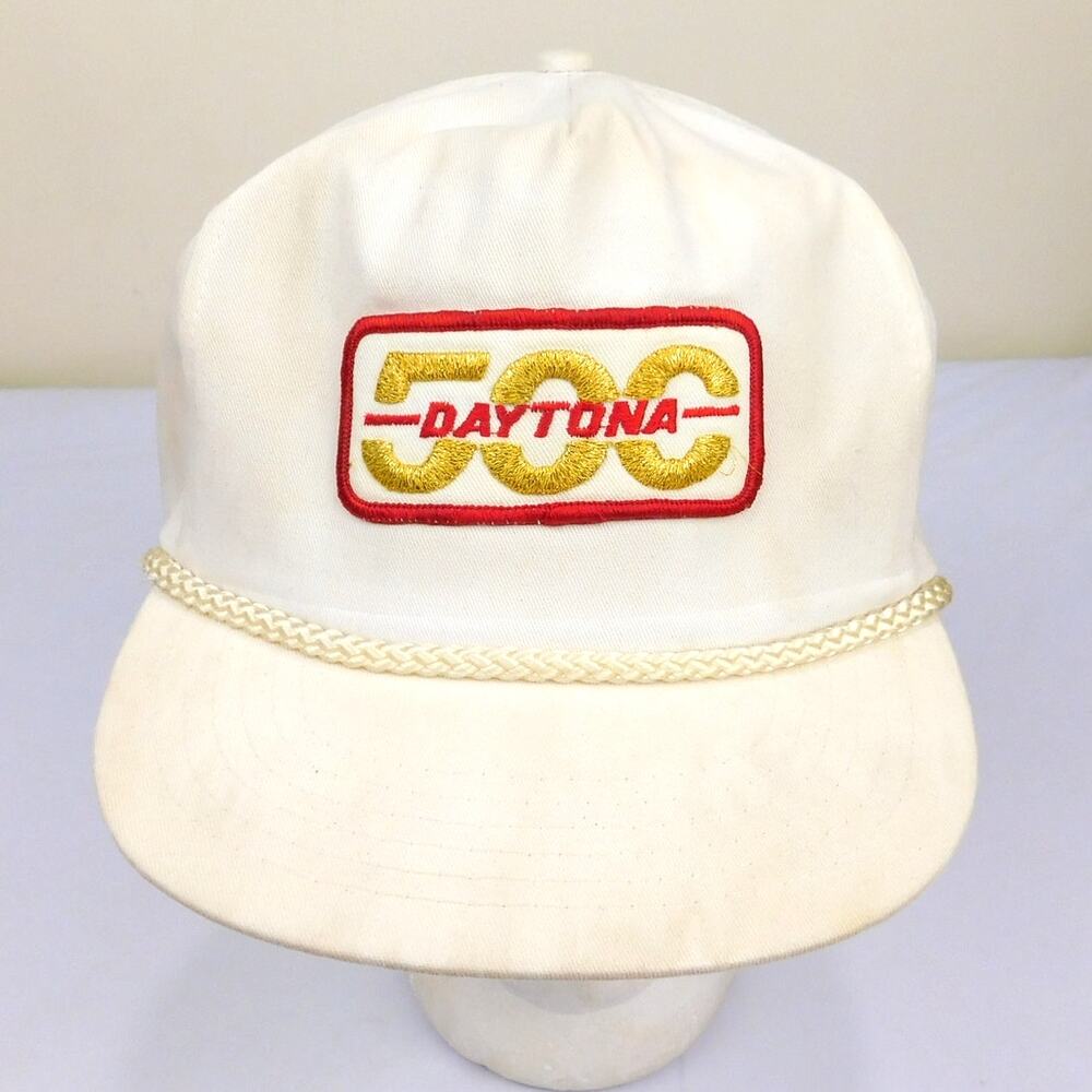 Vintage Daytona 500 Rope Brim Hat Adjustable White Cleaned Logo Patch 80s